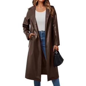 Trendy Queen Womens Brown Long Faux Leather Jackets Trench Coat Fall Blazer 2024 Going Out Outfits Clothes Sexy Oversized Waterproof XL