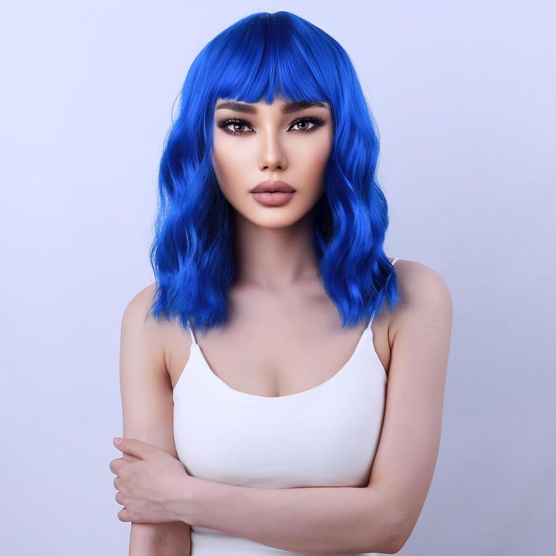 Blue Wig Short Curly Wig with Bangs Dark Blue Wig for Women Short Wave Wig Synthetic Wigs for Cosplay Costume Party with Wig Cap