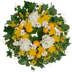 24 Inch Artificial Lemon Wreath for Front Door Yellow Daffodils, White Hydrangeas, Green Leaves with Wheat Stalks Spring Summer Wreath for Wall, Window, Party Decor