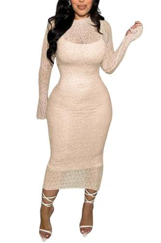 CALEBGAR Women's Elegant Bodycon Midi Dress Lace Sheer Mesh Long Sleeve Slim Fit Long Dress Party Cocktail Wedding Guest Dress Beige Medium