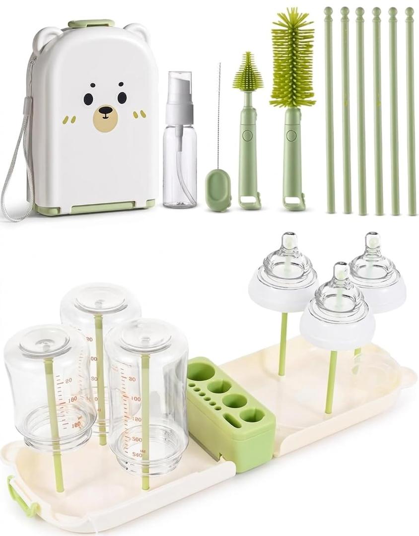 Travel Bottle Cleaner kit, 7in1 Baby Toddler Travel Essential Silicone Bottle Brush Set, Nipple, Drying Rack, Straw, & Breast Pump Cleaning, Soap Dispenser & Organizer Case, Gift Mom (Green)