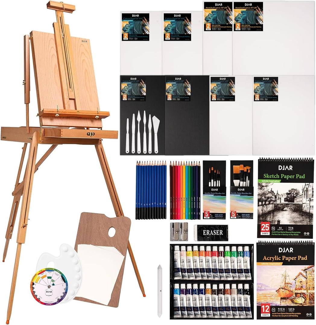 DJAR 89 pcs Acrylic Paint Set with French Easel for Professional Artist, Painting Kit with Paint Brushes, Canvas, Acrylic Art Supplies Kit for for Adults