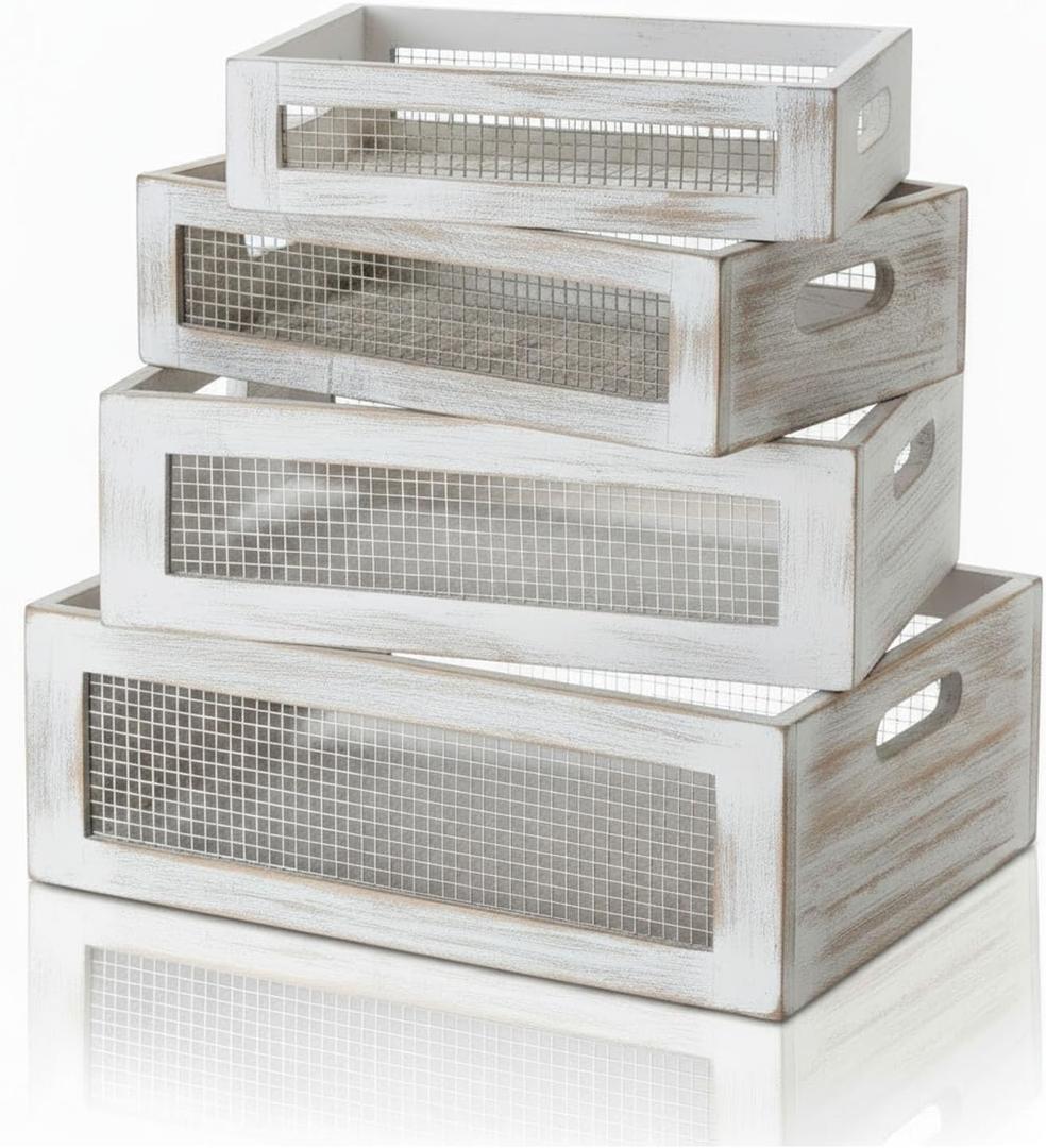 4 Pcs Wooden Nesting Countertop Baskets 4 Size Wooden Storage Box with Handle and Metal Wire Multipurpose Wood Organizer Crate for Fruit Vegetable Kitchen Cabinet Bathroom(White,Small)