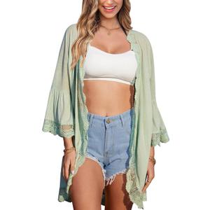 Spadehill Summer Women's Solid Color Beach Kimonos Dressy Lace Cover Up Light Weight Cardigan Light Green XL (Green, XL)
