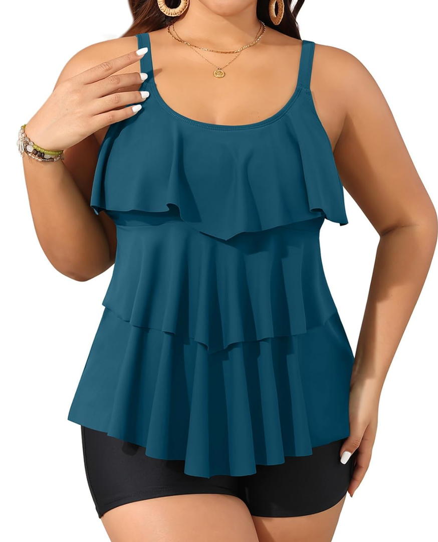 Yonique Women's Plus Size Tankini Swimsuits with Shorts Two Piece Bathing Suits Ruffle Swimsuits Tummy Control Swimwear 12W