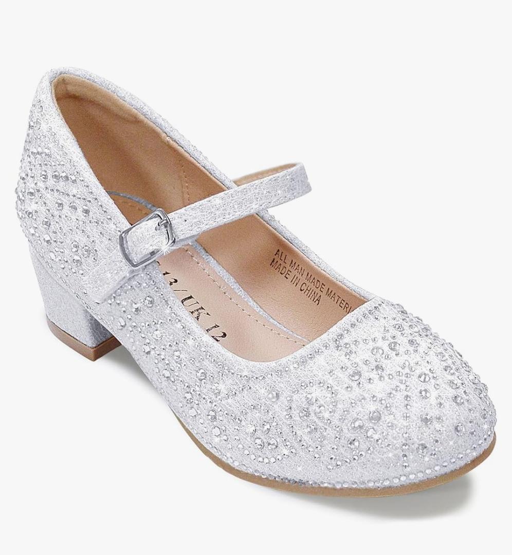 Girls Dress Shoes, Mary Jane Shoes for Girls Sparkle Low Heel Hook and Loop Flats for School, Wedding Party 4