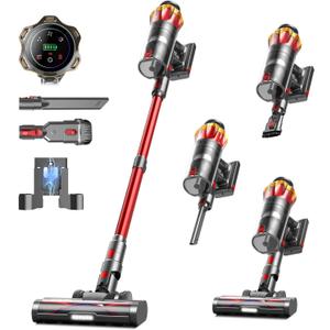 Cordless Vacuum Cleaner, 650W/55KPa 70Mins Vacuum Cleaners for Home, Self-Standing Stick Vacuum with Anti-Tangle Brush & OLED Touch Screen, Vacuum Cleaner for Hardwood Floors,Carpet,Pet Hair,Car (Red)