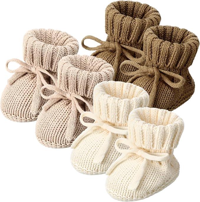 3 Pairs Knitted Baby Booties 0-6 Months Newborn Baby Shoes First Walkers Cozy Shoes for Infant Girl Boy (Beige, Bronze, Light Camel)