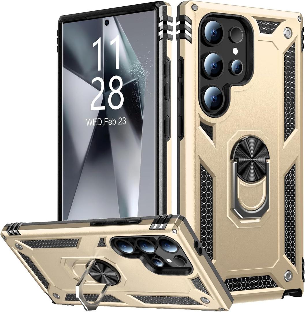 2 x IKAZZ for Galaxy S25 Ultra Case,Military Grade Shockproof Heavy Duty Protective Phone Cover Pass 16ft Drop Test with Magnetic Kickstand Car Mount Holder Gold