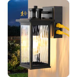 EDISHINE Outdoor Wall Light with GFCI Outlet, Motion Sensor Exterior Lighting Fixture with Water Ripple Glass, Waterproof Dusk to Dawn Outdoor Wall Sconce for Porch Front Door Garage Patio