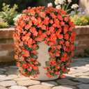 Artificial Fake Fall Hanging Flowers Plants for Outdoor Outside, 2PCS Faux Silk Orange Daisy Mums Trailing Vines UV Resistant Realistic Orchid for Autumn Front Door Porch Planter Patio Garden
