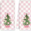 JINYO Pink Chinoiserie Christmas Kitchen Towels Set of 2, Coquette Pink Bow Preppy Christmas Tree Decorative Hand Towels for Bathroom Kitchen, Grandmillennial Checkered Xmas Dish Tea Towel, 16x24 Inch