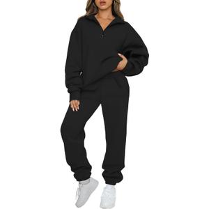AUTOMET Women's Sweatsuits 2 Piece Outfits Lounge Sets Long Sleeve Half Zip Pullover and Baggy Sweatpants with Pockets (Large, Black)