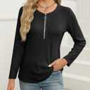 Women's Long Sleeve Shirts Zipper Color Block V Neck Tunic Tops Casual Blouse (Black, XXL)
