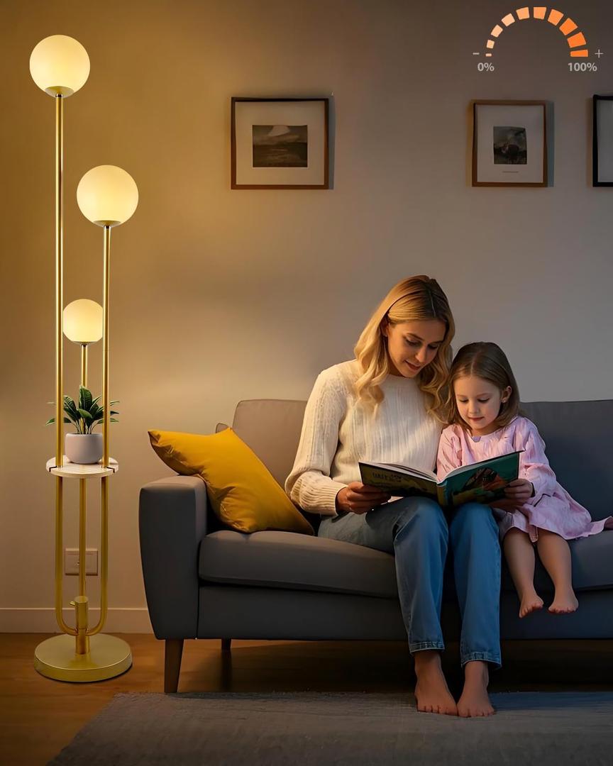 Lightdot 63IN Dimmable Gold Floor Lamp with Shelf Mid Century Standing Lamps with 3000K Bulbs Included with Candle Holder Style Modern Globe Floor Lamp for Living Room/Party/Sofa Beside/Corner Decor
