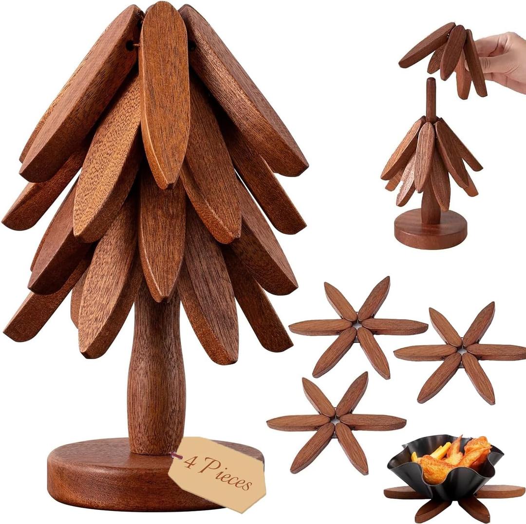 Wooden Trivets for Hot Dishes, 4 Wooden Tree Trivets + 1 Stand Stored Like a Christmas Tree (Walnut)