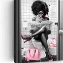 African American Wall Art Bathroom Decor Wall Art Black Girl In Bathtub Canvas Poster Prints Modern Pink Wall Decor Fashion Black Women Pictures Framed For Bathroom Ready To Hang 16"X20"