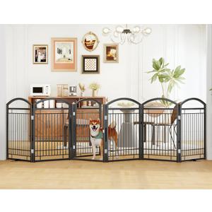 Folding No-Assembly Metal Freestanding Dog Gate with Door Walk Through,32" Height Pet Fence,144" Extra Wide Accordion Puppy Folding Playpen for Doorways,House,Stairs (6 Panels,Black)
