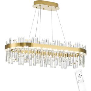 Modern Glod Crystal Chandeliers for Dining Room, LED 3 Color Temperature/Dimmable Island Lights with Remote Control, Height Adjustable Hanging Pendant Light Fixtures for Kitchen, Living Room