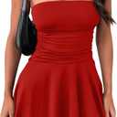 GOKATOSAU Women's Strapless Tube Ruched Waist Cute A Line Flowy Ruffle Hem Mini Dress Red, (Red, M)