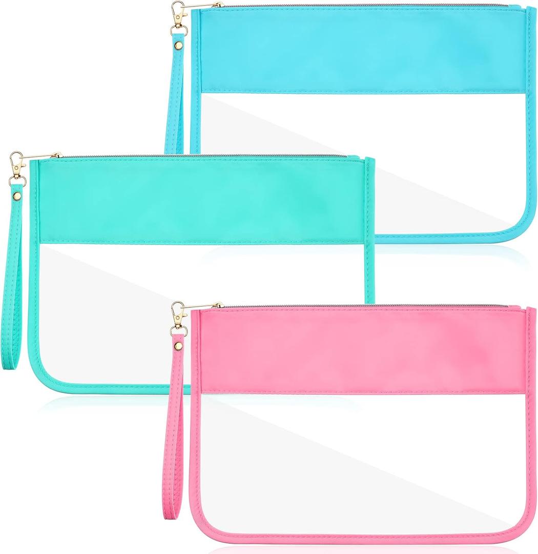Sanwuta 3 Pcs Clear Flat Zipper Pouches for Travel Women, Nylon Waterproof PVC Makeup Snack Bags Set Organizer Portable Storage DIY Chenille Letter Beach Stuff Toiletry Gym(Pink, Green, Blue)