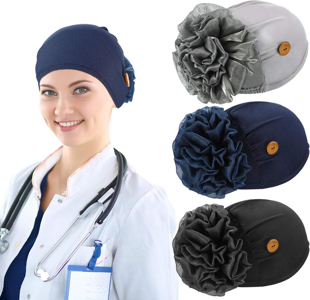 3 Pieces Bouffant Cap with Buttons Elastic Soft Flower Stretch Head Wraps for Nurses (One Size, Black, Gray, Navy Blue)