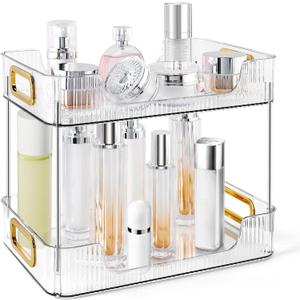 2-Tier Bathroom Counter Organizer Countertop Storage, Dresser Organizer Vanity Tray for Makeup, Perfume Organizer Cosmetics Skincare Shelf - Clear (Plated handle)