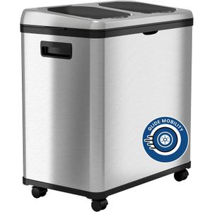 iTouchless 16 Gallon Touchless Sensor Kitchen Trash Can and Recycle Bin with Wheels, 61 Liter Stainless Steel Dual-Compartment (2 x 8 Gallon) Combo Recycling and Garbage Trashcan