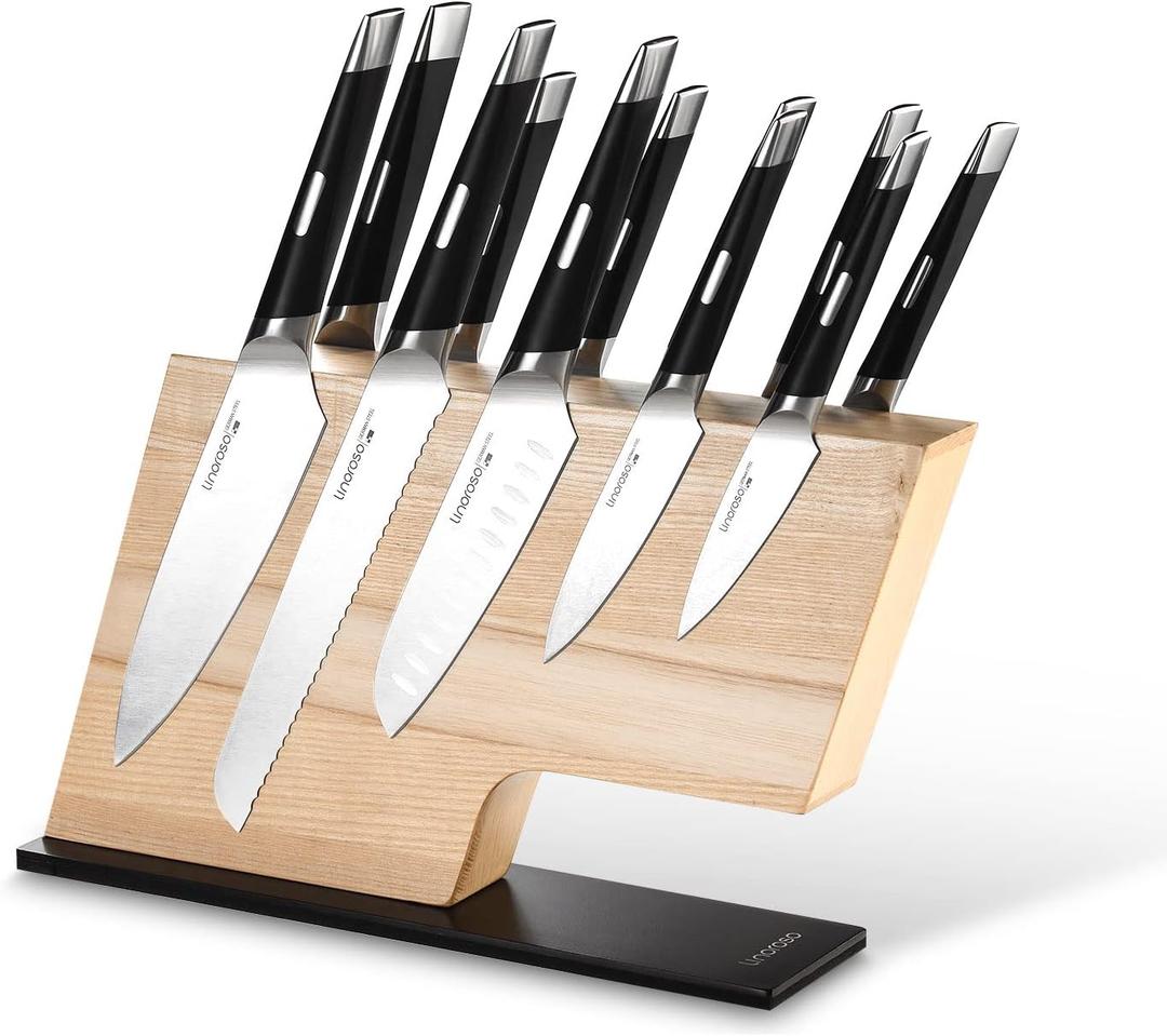 Linoroso Magnetic Knife Block Knife Holder Knife Stand, Super Strong Magnet Double Sided Kitchen Knives Storage Fitted, American Ash Wood, Black Oxide Stainless Steel Base