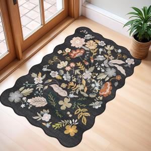 2x3 Rug Scalloped Runner for Entryway: Washable Non Slip Floral Bathroom Area Rug for Kitchen Floor Laundry Room - Small Soft Low-Pile Ultra Thin Throw Door Mat for Boho Chic Decor2x3Black