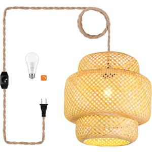 Plug in Pendant Light Rattan Hanging Lights with Plug in Cord Bamboo Hanging Lamp Dimmable,Handmade Woven Boho Wicker Basket Lamp Shade,Plug in Ceiling Light Fixture for Living Room Bedroom Kitchen