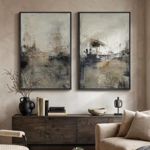 Large Framed Neutral Abstract Wall Art Set of 2 for Living Room, Wabi Sabi Modern Minimalist Black Grey Canvas Artwork for Walls, Rustic Abstract Painting Print Wall Decor for Bedroom Office, 24x36 In, 24" W x 36" H x 2Pcs