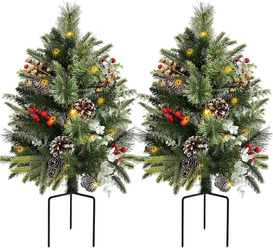 PreLit Pathway Christmas Tree(2 Pack), Artificial Christmas Urn Filler with LED Lights, Golden & Red Berries, Pine Cones, Outdoor Light Up Planter Filler Holiday Home Decor