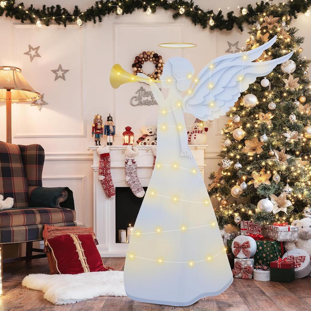 WILLBOND 5 ft Christmas Angel Cardboard Cutout Stand up with Light String Winged Angel Figurines Photo Props Large Lighted Christmas Sign for Xmas Holiday Backdrop Party Decoration