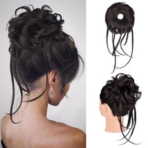 HOOJIH Messy Bun Hair Piece, Super Long Tousled Updo Hair Bun Extensions Wavy Wrap Ponytail Hairpieces Scrunchies with Elastic Band for Women HB007 Grace - Black Brown (1Pack)