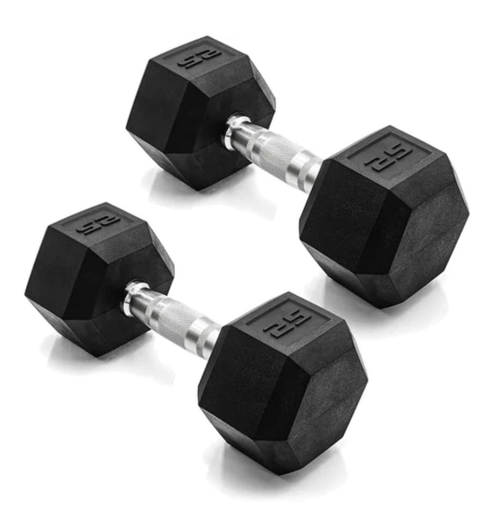 CAP Barbell 25 LB Rubber Coated Hex Dumbbell Hand Weight - Pair | Chrome Handle