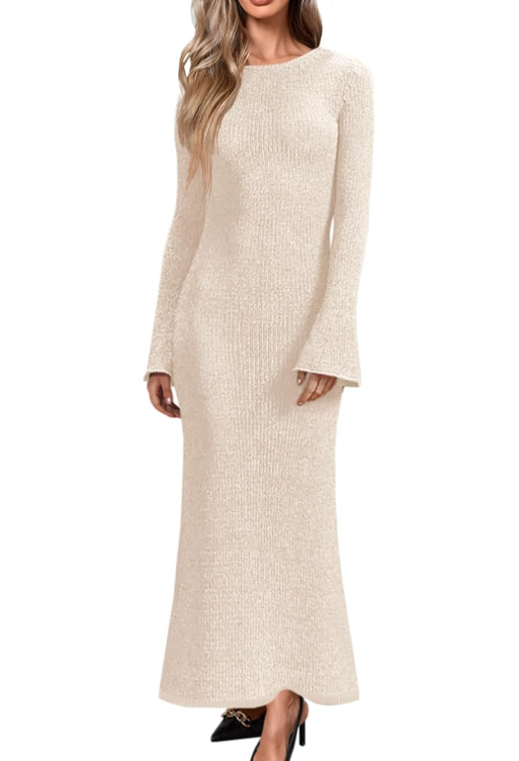 Yousify Womens Bell Long Sleeve Maxi Dress Casual Crewneck Knit Slim Fit Flowy Sweater Dresses XL