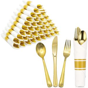 Gold Plastic Silverware 50 Guests,Pre Rolled Silverware Set Wrapped Plastic Cutlery Set Include 50 Forks,50 Knives,50 Spoons and 50 Napkins Heavy Duty Disposable Utensils for Party