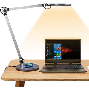 Desk Lamp,Led Architect Desk Lamp,Desk Lamps for Home Office,Table lamp with Wireless Charger & Adjustable Swing Arm,Touch Control, 3 Lighting Mode,5 Brightness,Eye-Caring Office Lamp