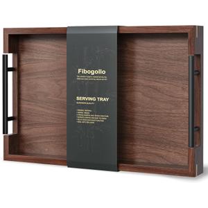 Fibogollo Walnut Wood Serving Tray with Metal Handles,15x10in Ottoman Decorative Trays Platter for Coffee Table, Living Room, Bar(Medium) (Brown)