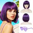 LUVEUNI Pruple Bob Wig with Bangs Short Pruple Wigs for Women 12 Inch Shoulder Length Straight Colorful Synthetic Fiber Hair Wig for Halloween Costume Use (Wig and Sunglasses)