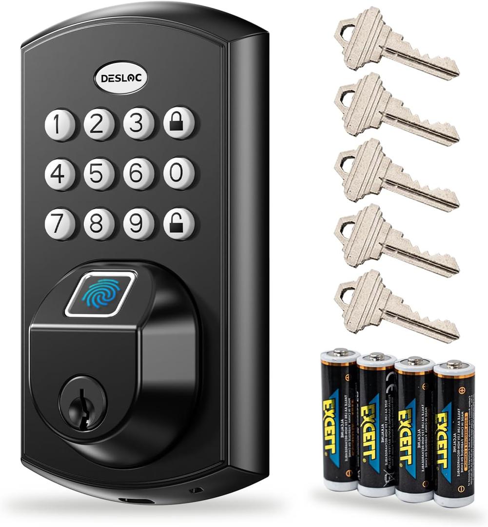 DESLOC A100F Keypad Fingerprint Door Lock, Keyless Entry Door Lock, Smart Lock Deadbolt for Front Door, Easy Installation, Emergency Power Port,12 Months Battery, IP54 Waterproof, 5 Keys