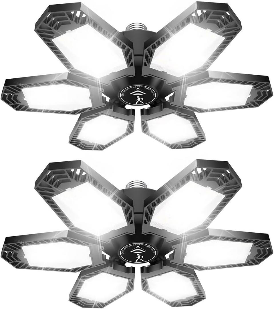 Motion Sensor Garage Light 150W 2 Pack Deformable LED Garage Light Motion Activated 15000 Lumen Ultra Bright Screw in Garage Sensor Light Ceiling for Garage, Warehouse, Workshop, Basement