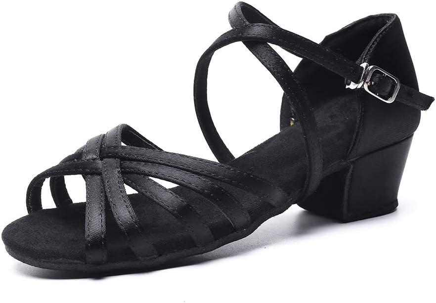 MSMAX Girls Latin Dance Shoe Low Heel Salsa Dancing Sandals for Women (13.5 Little Kid, 3cm Heel Black)
