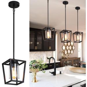SGLfarmty 1-Light Black Pendant Lights Kitchen Island, Farmhouse Cage Metal Hanging Light Fixtures with Glass ShadeAdjustable Lantern Pendant Lighting for Dining Room, Entryway, Hallway