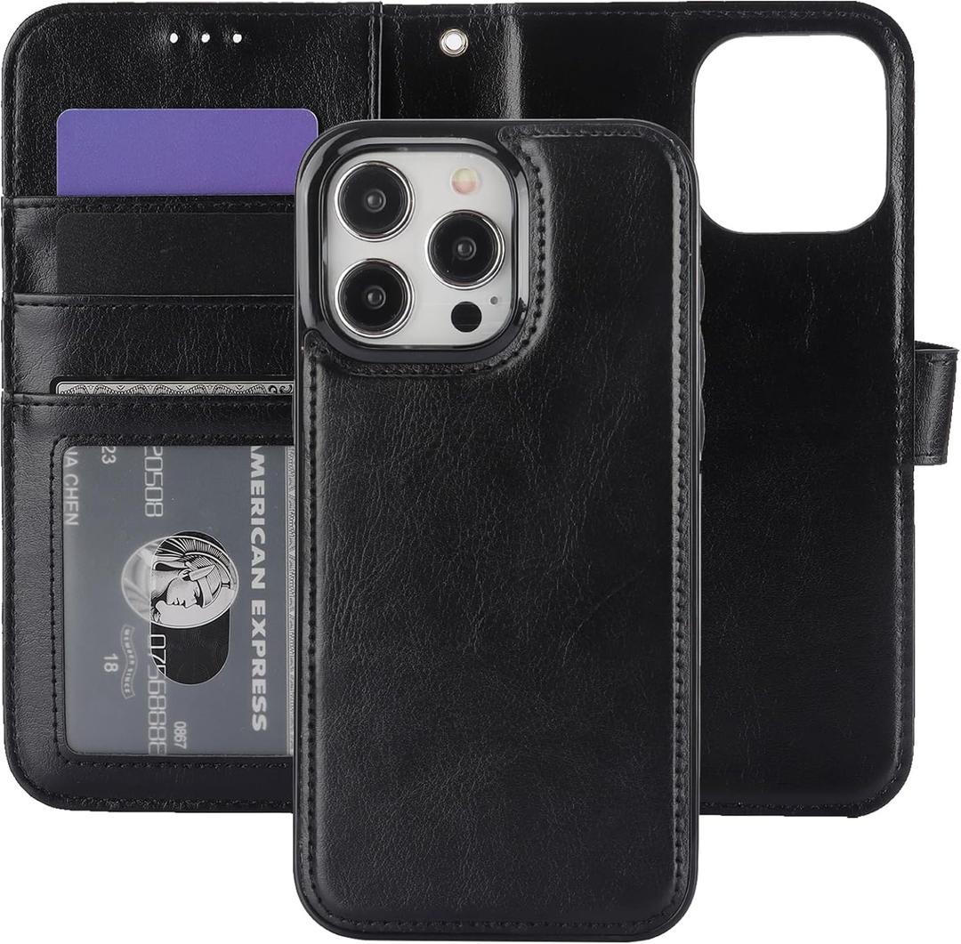 Bocasal Detachable Wallet Case for iPhone 15 Pro Max RFID Blocking Card Slots Holder Premium PU Leather Magnetic Kickstand Shockproof Wrist Strap Removable Flip Protective Cover 5G 6.7 inch (Black)