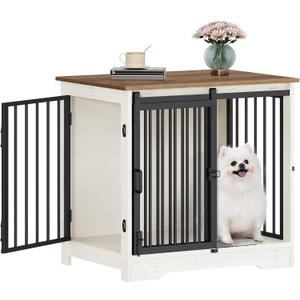 Hzuaneri 27.2" Dog Crate Furniture with Barn Door, Heavy Duty Dog Kennel Indoor with 2 Doors, Wooden Pet Cage End Table for Small Medium Dogs up to 22 lb, Anti-Chew Anti-Escape, White Brown DFC84314B