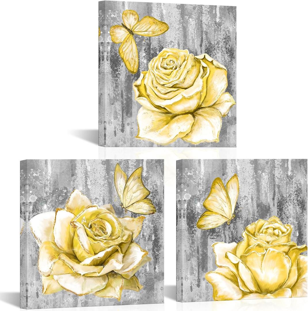 sechars Yellow and Grey Flower Wall Art Floral with Butterfly Paintings Canvas Prints Modern Bathroom Bedroom Decor Artwork (Yellow)