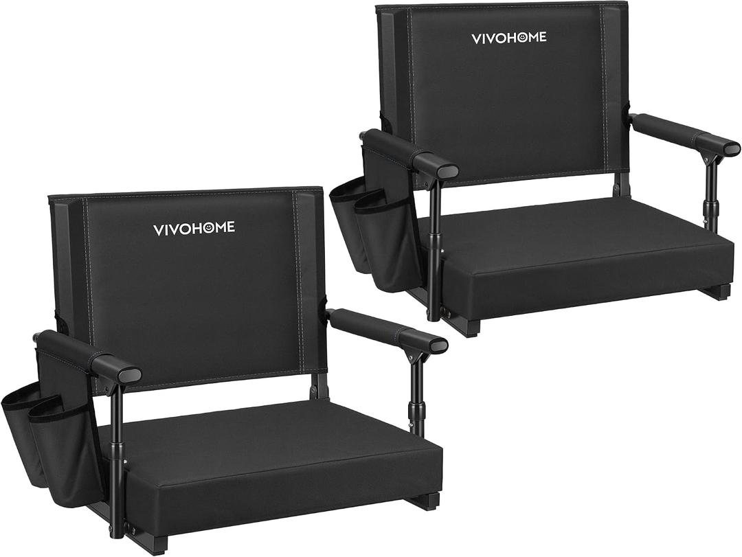 VIVOHOME Stadium Seats with Back Support and Cushion, 2 Pack Portable Bleacher Chairs with Cup Holder and Shoulder Strap, 18.1 x 14.0 x 17.1 in (Black)
