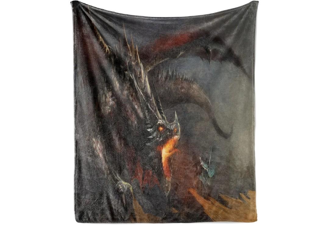 Lunarable Medieval Throw Blanket, Fantasy Scene Fearless Knight Dragon Art Antique Surreal, Flannel Fleece Accent Piece Soft Couch Cover for Adults, 70" x 90", Dimgray Charcoal